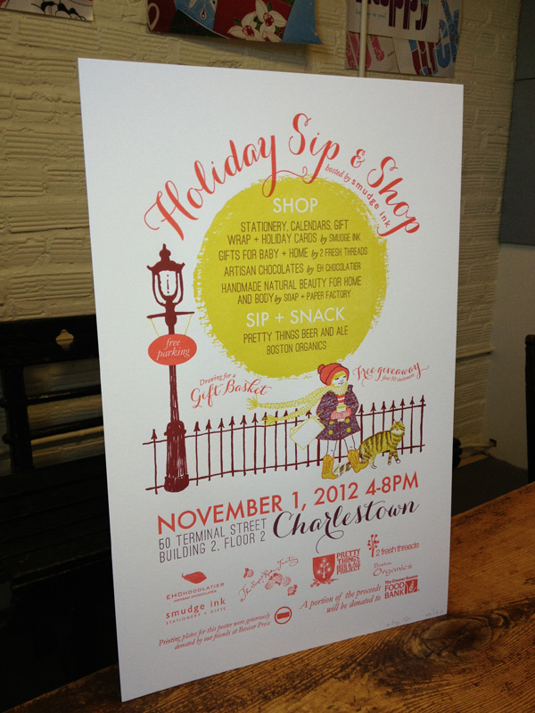 The 2012 Smudge sip&shop will be held from 4-8pm on November 1st at Smudge Ink in Charlestown A portion of the proceeds from the 2012 Smudge Ink Sip & Shop will be donated to the Boston Food Bank
